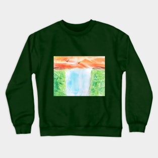 Landscape with waterfall and birds, beautiful nature. Encaustic, art decoration, sketch. Crewneck Sweatshirt